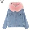 Women Hooded Thick Jeans Jackets Denim Fleece Faux Fur Collar Coat Women Winter Padded Warm Coats Outwear Jacket