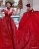 赤いMhamad Mermaid Promのイブニングドレスは取り外し可能な電車のレースのアップリケの長い錯覚スリーブフォーマルドレスイブニングガウン