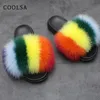 2022 mode couleurs mélangées pantoufles femmes arc-en-ciel chaussures fourrure diapositives moelleux doux maison pantoufles femme mignon floue fourrure tongs