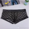 Vendita calda degli uomini caldi Sexy Mesh Sheer Boxer Slip Intimo Nero Trunks Mutande Gridding Boxer Breve Pantaloncini Intimo HJ069