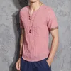 Whole-Summer Fashion Mens Casual Linen Shirts Short Sleeve V Neck White Basic Blouse Chinese Style Thin Tops Men Plus Size M-5307N