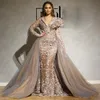 Arabic Dubai Lace Mermaid Evening Dresses Long Detachable Train Applique Full Sleeve Overskirts Prom Dress V Neck Tulle robe de soiree