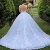 Vintage White Wedidng Klänning Lace Applique Sheer Neck Backless Cout Tåg A-Line Princess Bridal Dresses V-Neck Tulle Vestido de Noiva Plus Storlek Boll Gown Custom Made