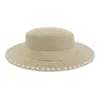 Cappelli da sole estivi da donna in paglia di carta con sommità piatta e perle finte a tesa larga, decorano cappelli da sole da spiaggia da viaggio all'aperto, cappelli da donna