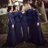 Dresses Bridesmaid Navy Blue Long Sleeves Peplum Lace Applique Ribbon Sweep Train Scalloped Neck Plus Size Maid of Honor Gown Custom Made