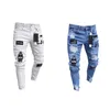 Hip Hop as calças dos homens High End Jeans apertadas Pés Buraco Cotton Badges Magro lápis Slim Fit Branco Azul respirável confortável