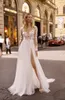 2020 Berta Wedding Dresses V Neck Appliqued Long Sleeves Lumbar Lace Bridal Gown Backless High Split Ruffle Sweep Train Robes De Mariée