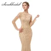 صورة حقيقية طويلة الأكمام سهرة فستان 2019 Oneck Illusion Zipper الأنيقة الديكور حورية البحر متكافئة مع Train Prom Gown3232489