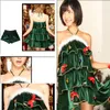 Free Size Erwachsene Frauen Weihnachtsbaum Kostüm Cape Hut Set Lagen A-Linie Minikleid mit weißem Flauschbesatz und Sternenkugeln Cosplay Outfit