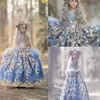 Abiti da spettacolo per ragazze vintage 2020 Gioiello Collo 3D Appliqued floreale Principessa Abiti da cerimonia per bambini Abiti da compleanno per feste a maniche lunghe con piume