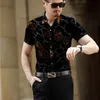 Red Flower Silk Shirt Camisa Social Masculina Transparent Velvet Shirt See Through Sexy Mesh Club Prom Party Outfit
