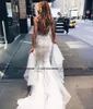 Pallas Couture 2020 Spets Blom Långt tåg Mermaid Beach Bröllopsklänningar Skräddarsydda V-Neck Full Length Fishtail Bridal Bröllopsklänning 2044