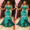 Impressionante Aso Ebi Africano Mermaid Vestidos mangas curtas cetim Formal vestidos longos baratos Pageant vestidos de festa