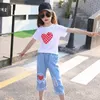 Girl Clothes Set Summer Clothes for Girl Short Sleeve Print Heart + Ripped Jeans Shorts Outfits Size 6 8 10 12 Years2368244