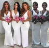 Elegant Mermaid White Bridesmaid Deep V Neck Sleeveless Long Sweep Train Plus Size Maid Of Honor Wedding Guest Dresses Custom Made