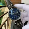 Pilot-Serie Super Watches 050 Montre DE Luxe mechanische Uhren mit blauem Glasspiegel und Lederarmband mit 44 mm Durchmesser