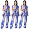 Tie-Dye Print Trainingspak Korte Mouw Bandage T-shirt Crop Top + Broek Leggings 2 Stuk Dames Set Lace Up T-shirt Outfits Suit Kleding NIEUW