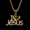 Mens Gold Stainless Steel Hip Hop I Love Jesus Heart Pendant Chain Necklace Iced Out Diamond Initial Letters Rapper Jewelry Gifts for Men