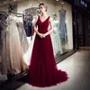 Moda vinho tinto vestidos elegantes com decote em v miçangas uma linha vinho vermelho tule longo festa formal vestidos de noite feminino plus size vestidos de baile