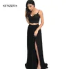 Two Piece Black Prom Dress Spaghetti Straps Appliques Crop Top Long Chiffon Party Dresses Woman vestido de festa