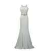 Pärlstav kristall lång satin aftonklänning 2019 sjöjungfrun prom klänningar juvel hals formell klänning vit färg8408933