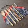 6 Designs bamboo flatware set 7pcs/set portable cutlery set with cloth bag dinnerware set knife fork spoon chopsticks straw tableware sets