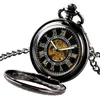 Steampunk Antique montre de poche chiffres romains noir automatique mécanique montres hommes femmes squelette horloge avec pendentif chaîne cadeau