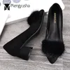 Real mink hair pointed toe dress shoes women winter plush round heels pumps high quality ladies fur high heeled sapato feminino