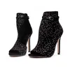 Fashion Black Diamond Rhinestone Sandals Ankle Summer Booties High heeled Summer Sandals