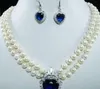 7-8mm Natural White Pearl Blue Crystal Pendant Necklace17-18'' + Earrings Set