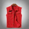 Jeans Vest Waistcoats Mens Red Vests Korean Rivet Cool Denim Vest Motoycycle Bikers Jackor Topps Plus Size M5xl Spring och Summer1307307
