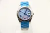 Relógios de relógios automáticos clássicos de 36 mm exibem discagem listrada azul redonda Presidente Strap Standless Watch Case