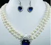 7-8mm Natural White Pearl Blue Crystal Pendant Necklace17-18'' + Earrings Set