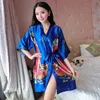 2020 Spring New Ladies Silk Satin Thin Robe Comfort Fresh Style Floral Printed Sleepwear Sexy Nightgown Femme Satin Homewear