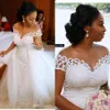 Vestidos de noiva de sereia africana baratos e mais tamanho fora dos ombros Apliques de renda com tule de trem destacável Excesso de bote de noiva