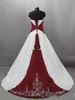 Vintage Dark Red And White Wedding Dresses 2019 Strapless Satin Embroidery Lace Up Sweep Train Bridal Gowns Custom Made vestido de262k