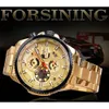 Forsining Golden Automatic Mechanical Mens Watch Racing Sports Design 3 Dials Multifunction Date Stainless Steel Band Wristwatch