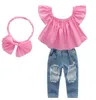 2019 Tjejer Kids Designer Kläder Satser Sommar Mode Tjejer Kläder Pigg Rosa Blus + Hål Jeans + Headband 3st Set för barnkläder