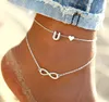 Silver 26 Letters A TO Z Love Heart Ankle Chain Double Layer Barefoot Beach Anklet Jewelry Women Feet Accessories Bracelet Fashion Jewelry