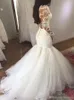 Back Sexy Illusion Mermaid Dresses V Neck Long Sleeves Lace Applique Sweep Train Trumpet Bridal Bech Wedding Gown Vestido De Novia estido