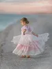 Pink Bohemian Flower Girl Dresses For Weddings Ruffle Lace Little Girls Pageant Dress Jewel Neck Short Sleeve First Holy Communion Dresses