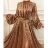 Sparkling Gold Sequins Evening Dresses Sexy High Neck Split Prom Dress Shiny Long Sleeves Floor Length Women Dress