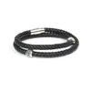 Bracelets Wholesale Double Layer Genuine Leather Men Bracelet Bangle with Black Cz Cylinder Beads Stainles Steel Jewelry
