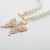 Fashion Rhinestone Butterfly Pendant Necklaces For Women Beaded Chain Simulated Pearl Choker Necklace Jewelry Boho