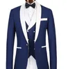 Populaire marineblauw / rode bruidegom smoking witte revers groomsmen heren trouwjurk mode man jas blazer 3 stuk pak (jas + broek + vest + stropdas) 26