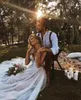 2020 nuovi abiti da sposa bohémien in pizzo pieno romantico abiti da sposa per feste di matrimonio con scollo a barchetta senza spalline in maglia trasparente