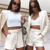 Sexy 2 Piece Blazers Set Casual Women Clothes Office Lady Coat And Shorts Suit Up Outfits Cardigans V Neck Blazer