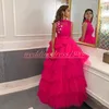 Modest Arabic Fuchsia Tiered Evening Dresses Stars High Neck Sleeveless Tulle Celebrity Plus Size Party Pageant Occasion Formal Prom Gowns