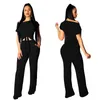 Gestreifter Damen-Trainingsanzug, kurzärmeliges T-Shirt, bauchfreies Top + Hose mit weitem Bein, zweiteiliges Set, schulterfreies Knoten-T-Shirt, Outfits, Anzug, Sale