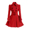 Rouge laine femmes manteau hiver pardessus Double boutonnage ceinture mince veste femme mode noir vêtements d'extérieur décontractés Vintage manteau pardessus